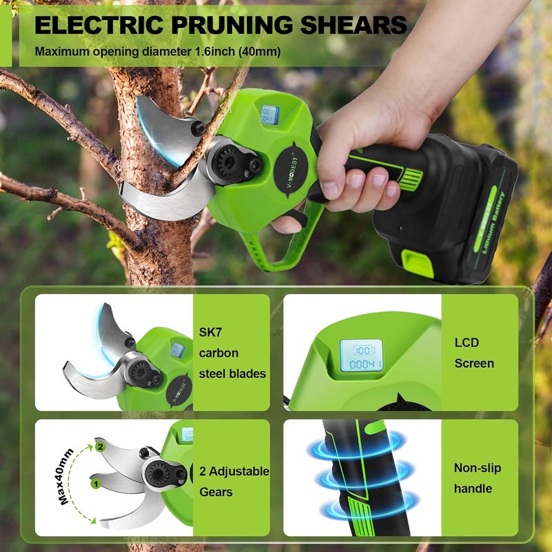 V-MODEST Electric Pruning Shears Cordless,1.6" Diameter Battery Powered Pruning Shears with LCD Display, 900W Brushless Motor Cordless Pruner, Power Scissors for Gardening with 2Pcs 2000mAh Battery - Image 2